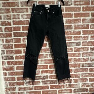 Agolde Women’s Cherie High Rise Straight Jeans Black Distressed Raw Hem Size 23